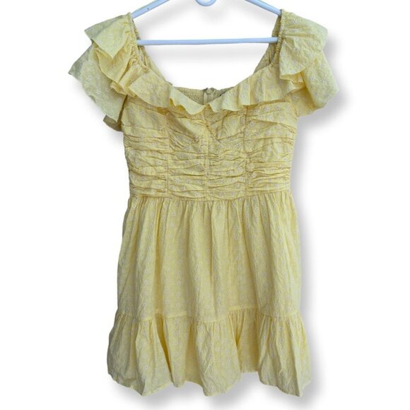 AQUA NWT Yellow Eyelet Mini Off Shoulder Dress Size XL Cottagecore Prairie Boho - Picture 2 of 13